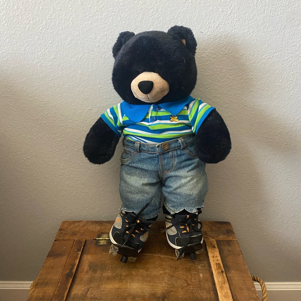 Build-A-Bear 18” Black Bear ready to skate outfit with Skechers shoes